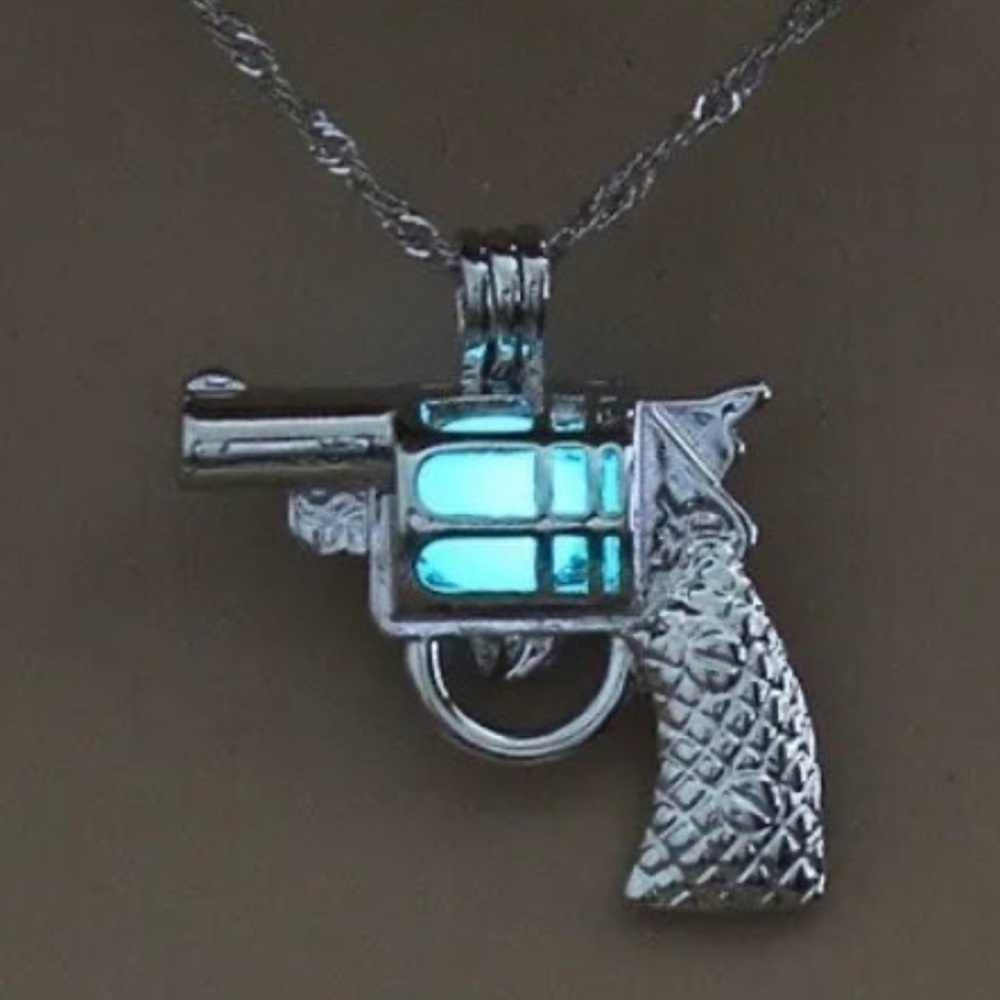 Gun Pistol Silver Alloy Handgun Pendant Luminous Pearl bullet Necklace,BNWT